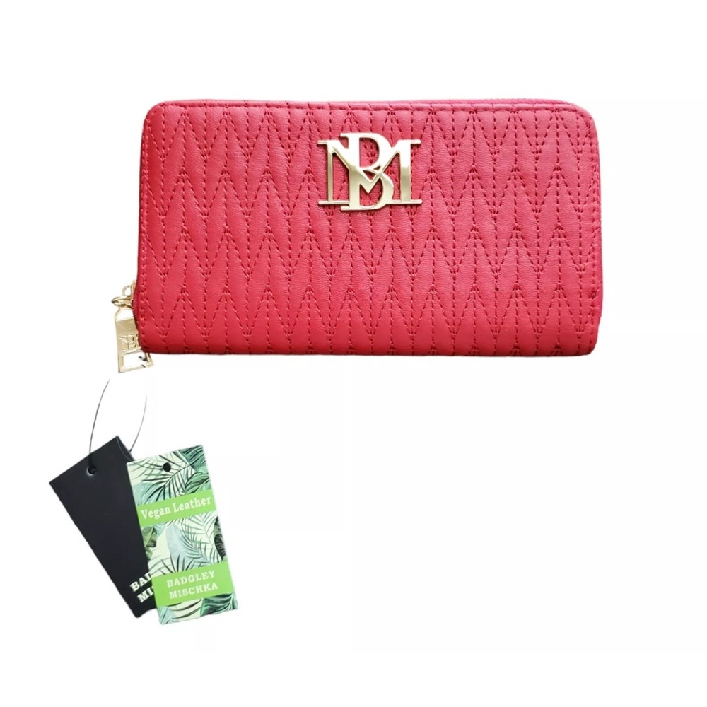Badgley Mischka Red Braid Quilted Long Zip Around Wallet 7.5" Vegan Leather